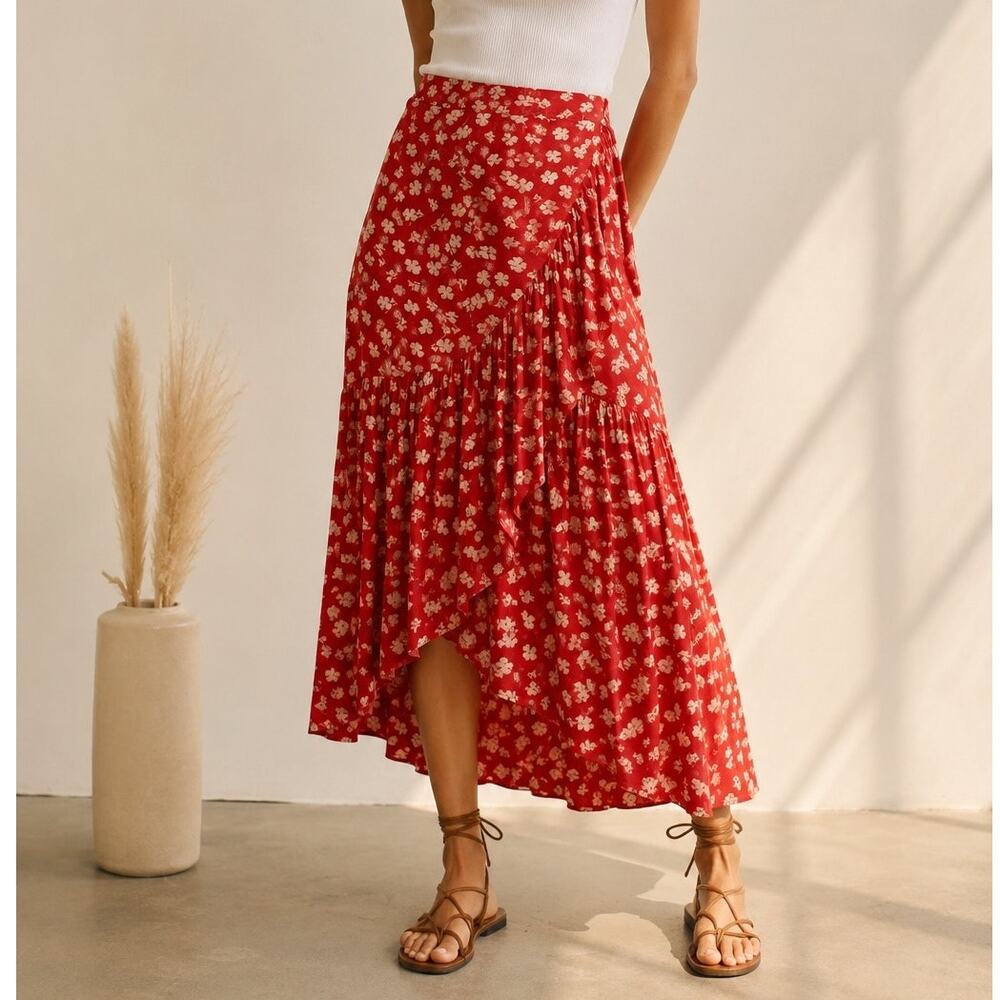 Madewell Happy Hibiscus Ruffle Wrap Midi Skirt Size 6 Floral